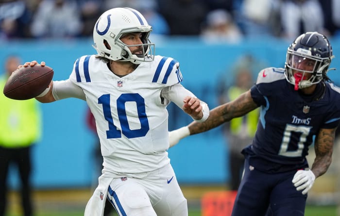 Indianapolis Colts quarterback Gardner Minshew II (10) drops back to pass against the Tennessee Titans on Sunday, Dec. 3, 2023, at Nissan Stadium in Nashville, Tenn.